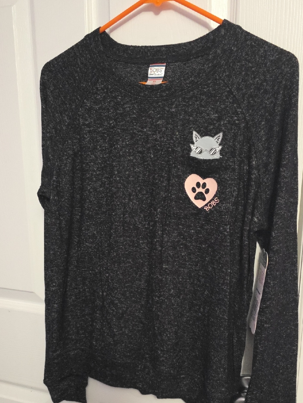 BOBS from Skechers Black Marled Long Sleeve Top with Pink Accent Tag